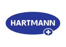 Blaues Oval mit weißem Text 'HARTMANN' und einem Pluszeichen darunter