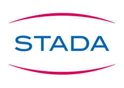 STADA Logo mit blauer Schrift und pinken geschwungenen Linien