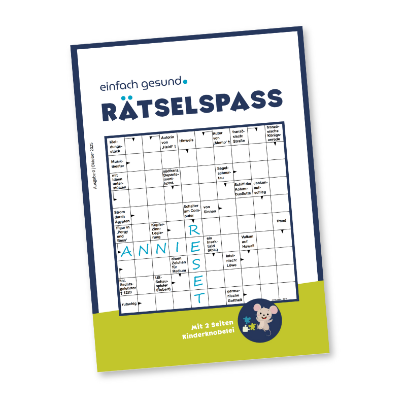 Rätselmagazin fürs Wartezimmer, inklusive einem kleinen Affen-Icon und Hinweis auf zwei Seiten Kinderknoebei, dazu ein Kreuzworträtsel mit verschiedenen kleinen Aufgaben.