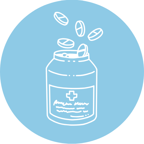 Linienzeichnung einer Medikamentenpackung mit fallenden Tabletten auf blauem Hintergrund.