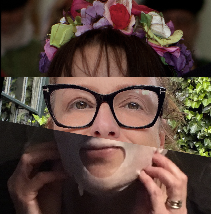 A collage of three people with distorted faces. The top person is wearing a colorful flower crown, the middle person is wearing black glasses with a background of greenery, and the bottom person is holding a white object near their face with a dark background.