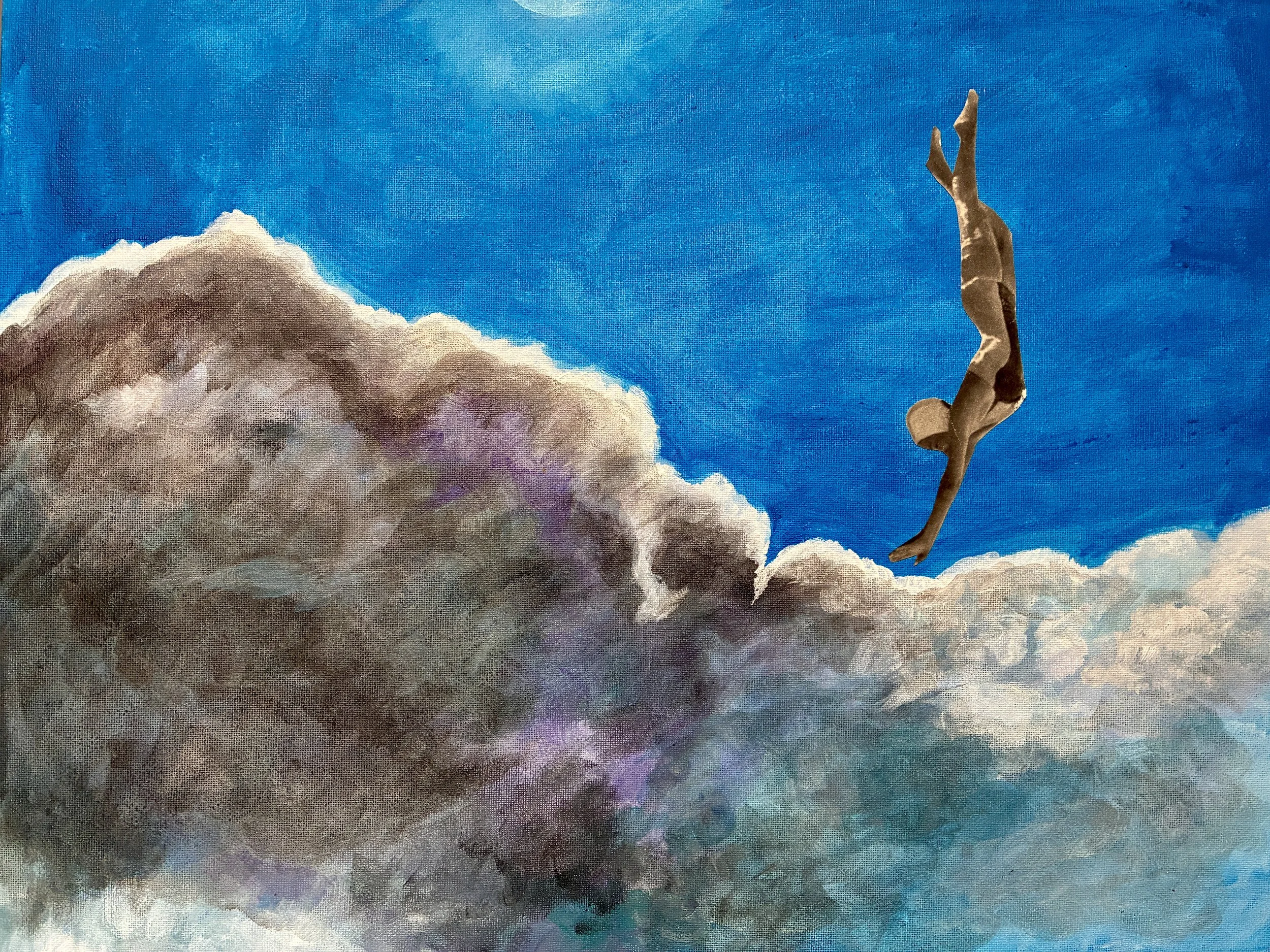 Dreamscape Diver: Acrylic Painting with Vintage Collage