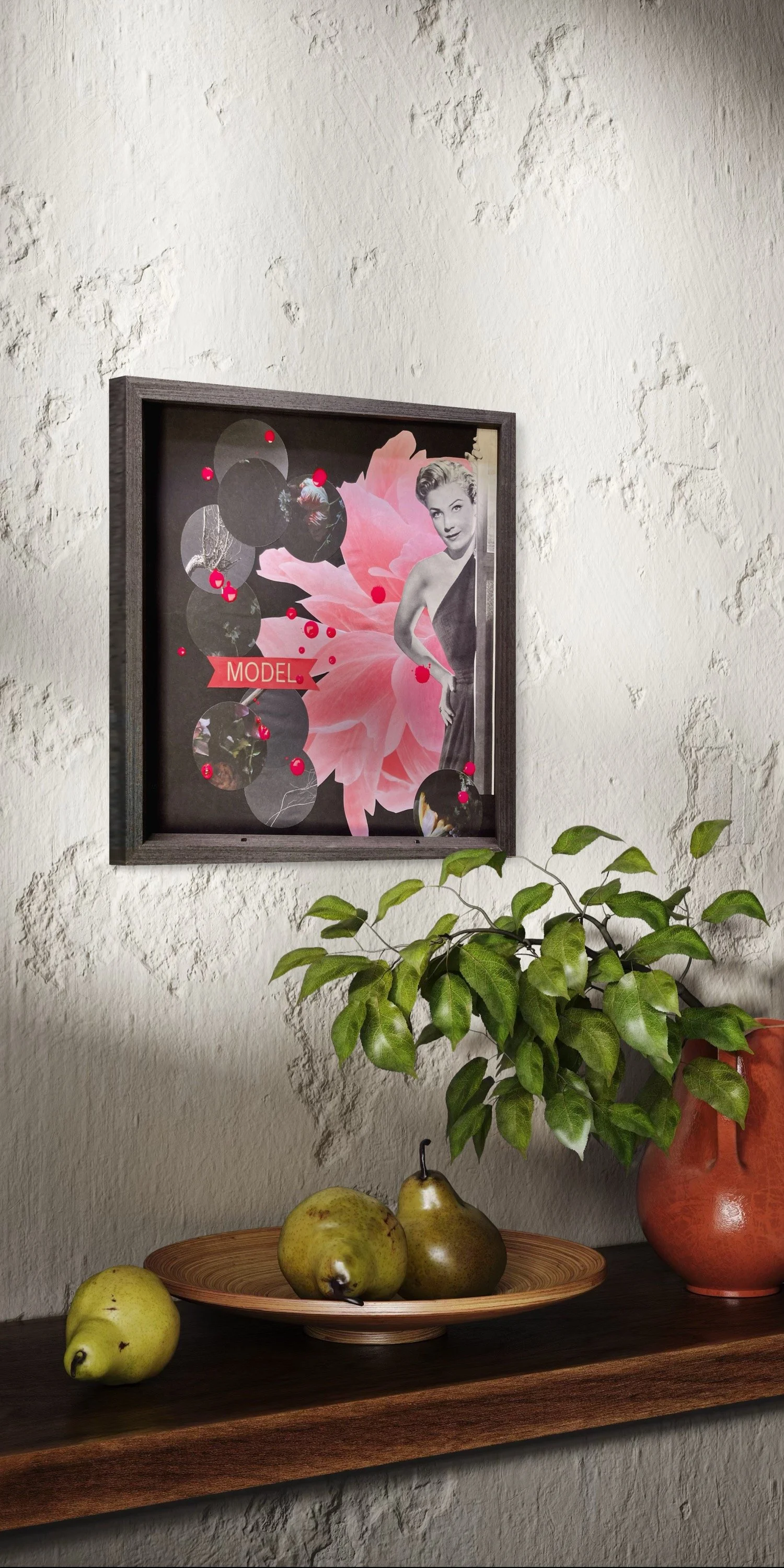 Decorative wall shelf with three pears, a potted leafy plant, framed vintage style art with a model and a pink flower background, on a textured wall.