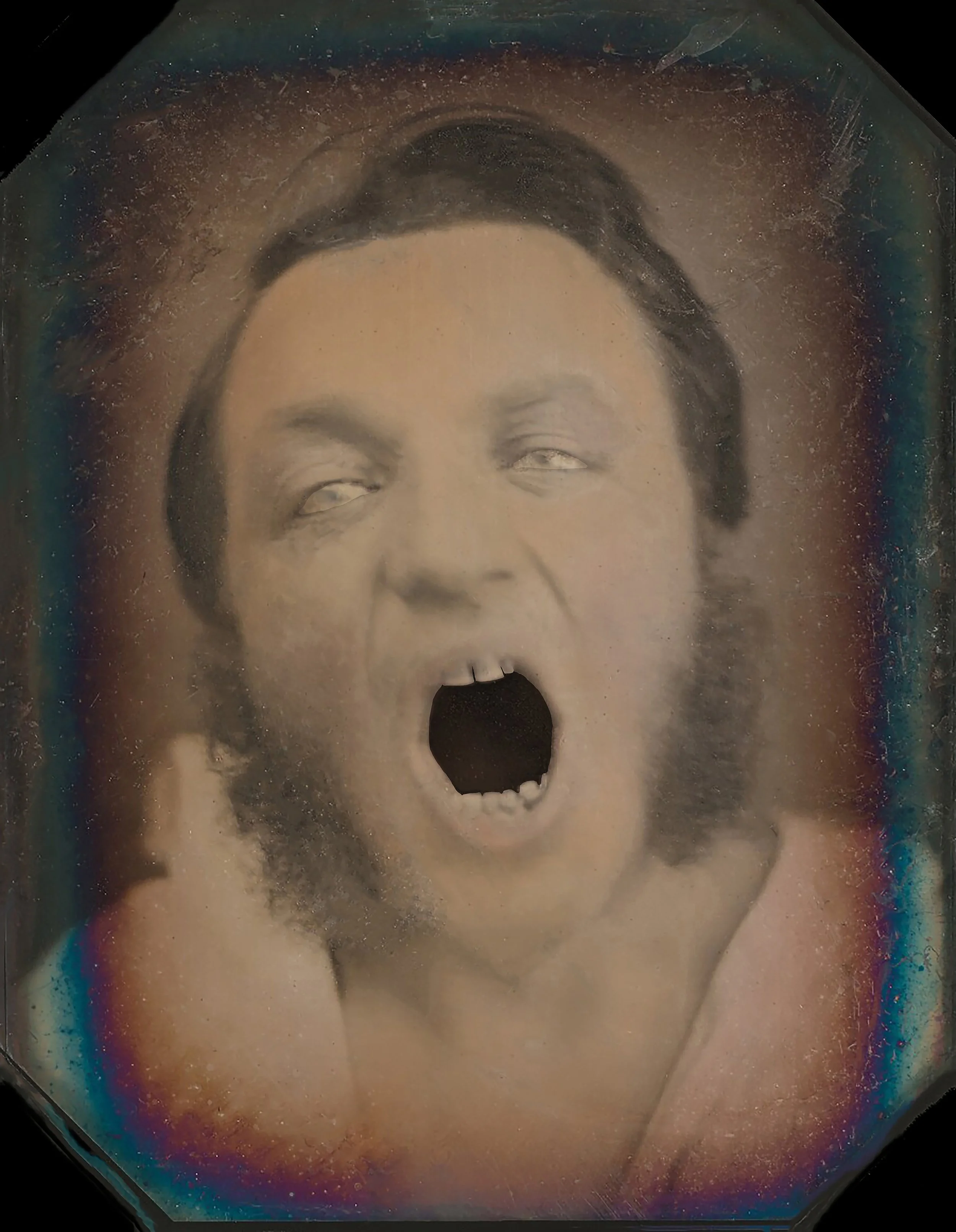 A vintage-style portrait of a person rwith issues with long hair, beard, and open mouth, depicted on a daguerreotype.