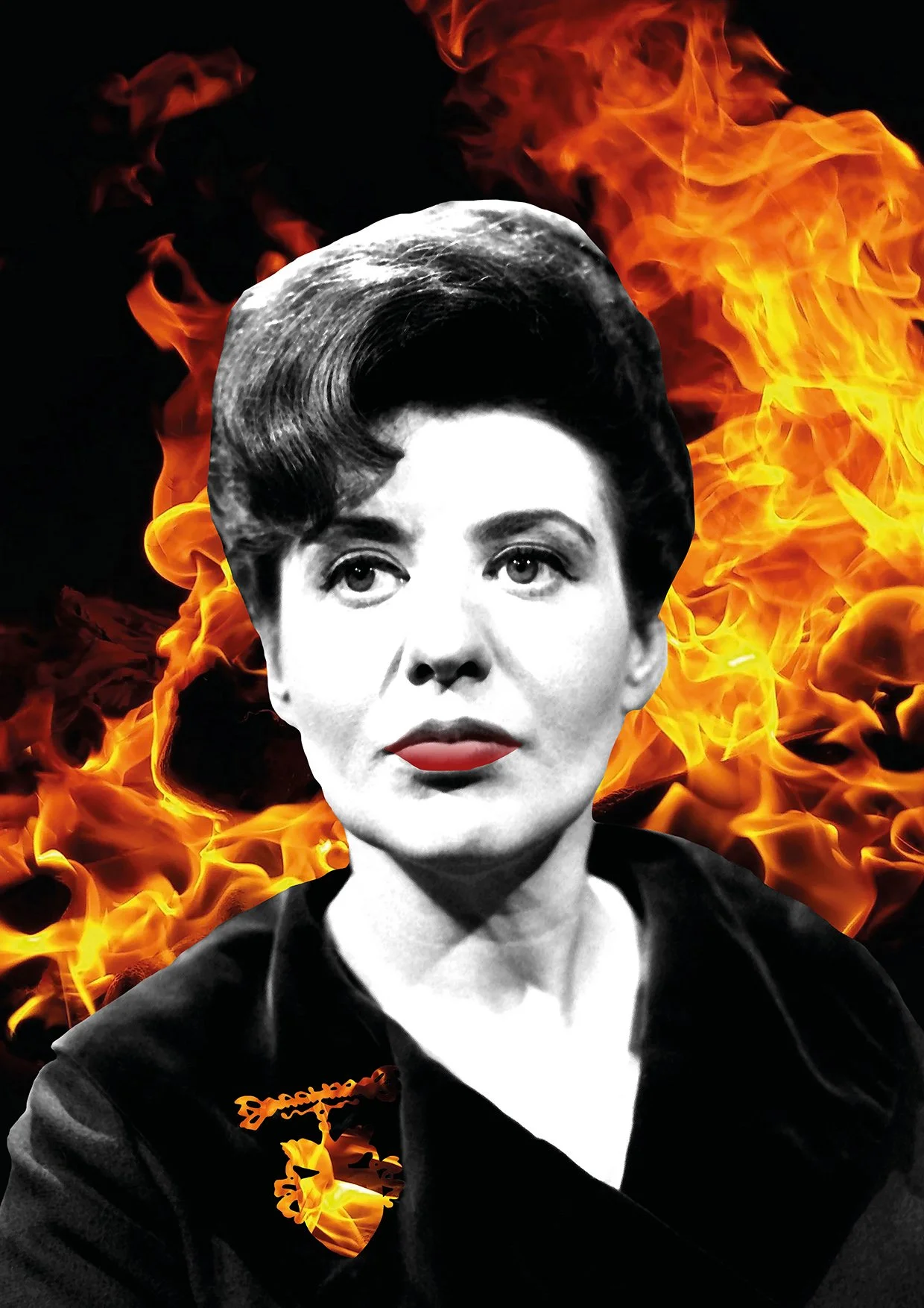 A black and white photo of Coronation Street star Elsie Tanner played by Pat Phoenix with red lipstick, set against a background of flames.