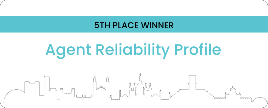 Certificate for 5th place winner titled 'Agent Reliability Profile' with city skyline graphic at the bottom.