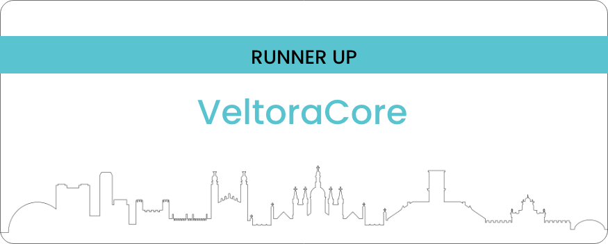 Certificate of achievement for VeltoraCore with a city skyline outline at the bottom and a turquoise banner at the top reading "Runner Up."