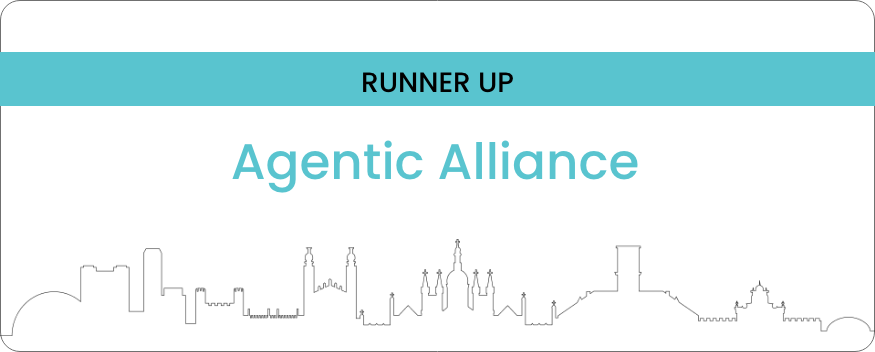 Certificate awarding Agentic Alliance runner-up position with a city skyline outline in the background.