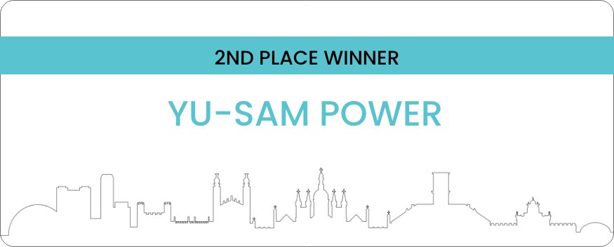 Certificate or award readout with turquoise banner stating '2ND PLACE WINNER' and the name 'YU-SAM POWER'