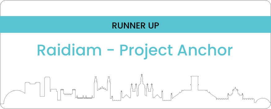 Announcement indicating the runner-up in a competition for a project called 'Raidam - Project Anchor' with a city skyline outline in the background.