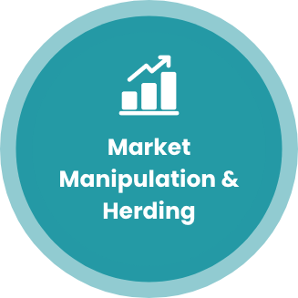 Blue circular icon with a bar chart and upward arrow, labeled "Market Manipulation & Herding."