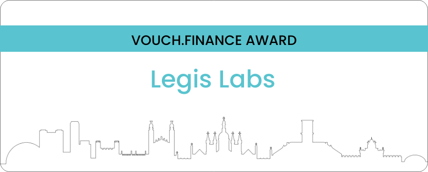 Certificate of award for Legis Labs from VOUCH.FINANCE, featuring a city skyline outline at the bottom.