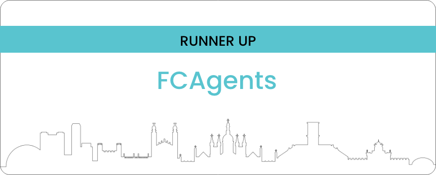 Certificate or notice with a blue banner stating "RUNNER UP" and a large title "FCagents" below it, featuring a minimal line drawing of a city skyline at the bottom.