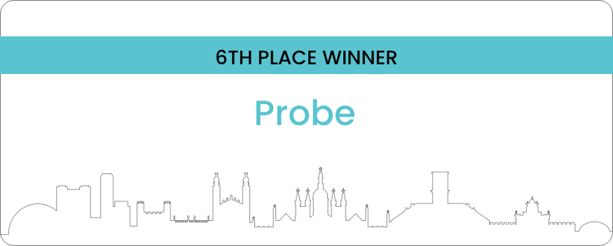 An award certificate for 6th place winner in a competition, with the name "Probe" and a city skyline outline at the bottom.