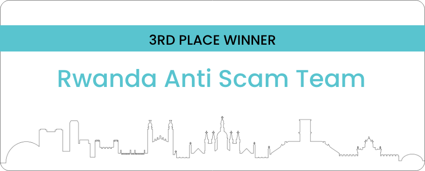 Certificate indicating third place won by Rwanda Anti Scam Team, with a city skyline outline at the bottom.