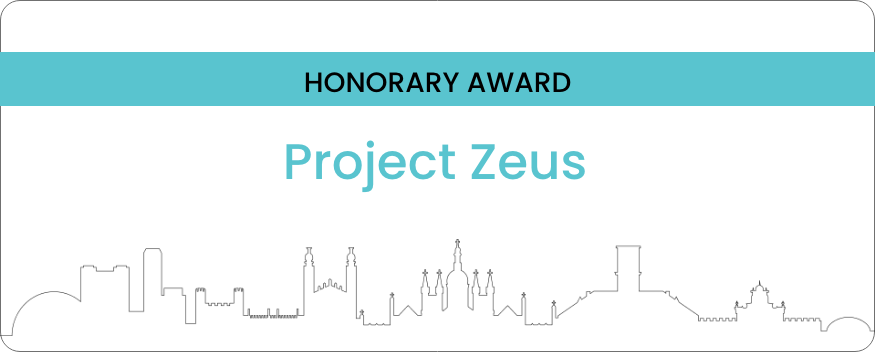 Certificate titled 'Honorary Award' for 'Project Zeus' with a city skyline outline at the bottom.