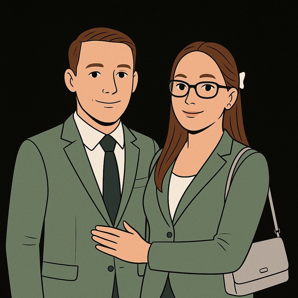Drawing of a man and woman dressed in business suits, smiling, with the woman touching the man's chest, against a black background.