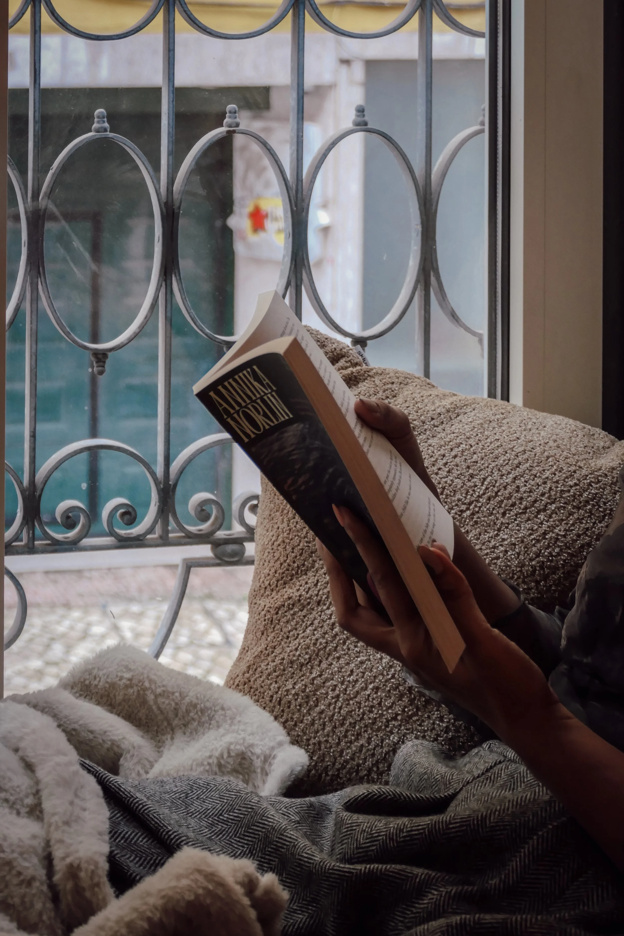 Person sitting with a beige pillow and blanket, reading a book titled 'Annihilation' by Jeff VanderMeer, by a window with iron bars.