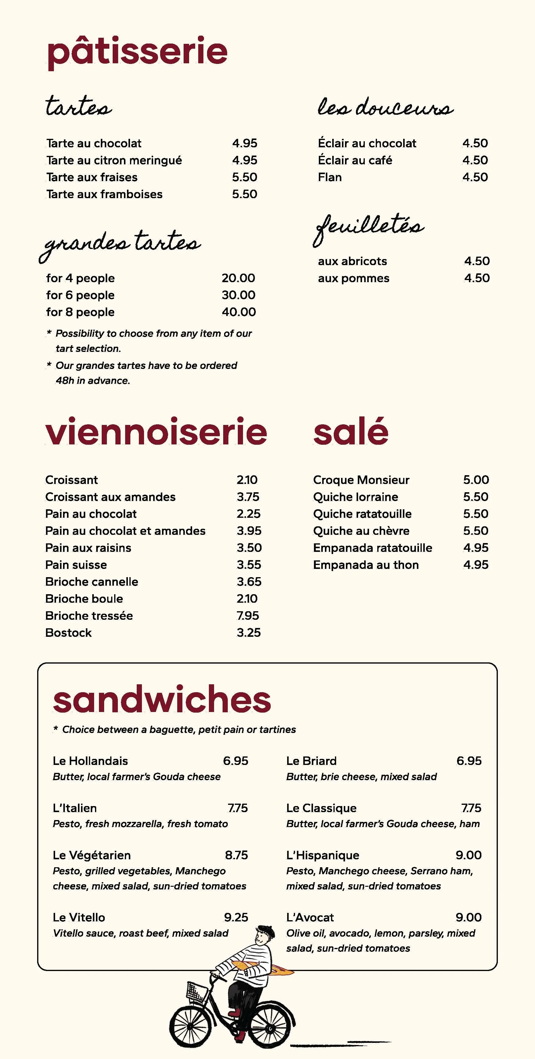 French pastry and bakery menu with sections for tarts, puff pastries, cookies, and sandwiches.