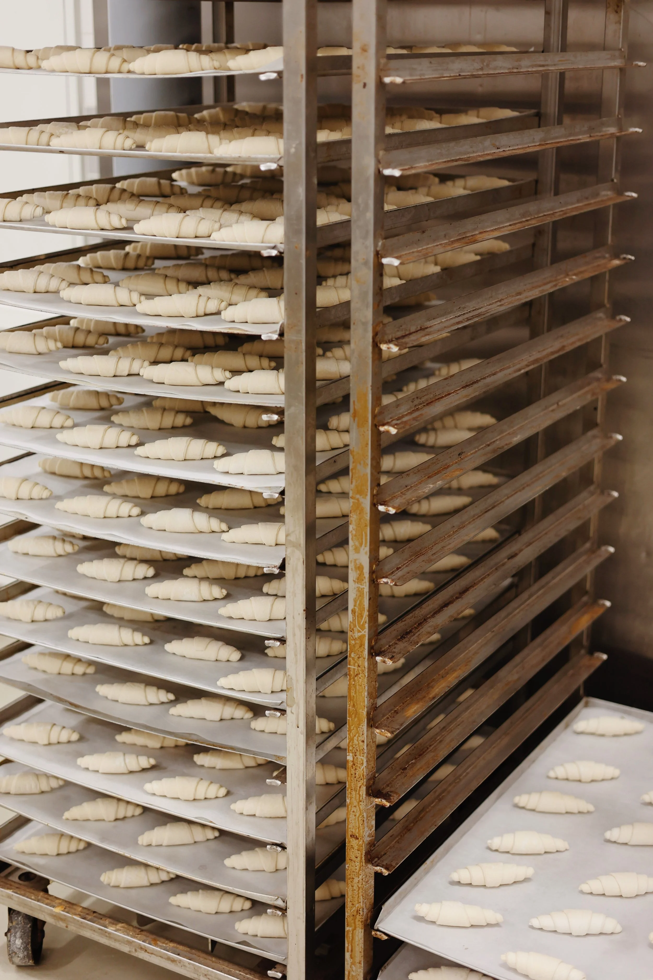 A metal rack with multiple trays of unbaked croissant dough in a bakery.