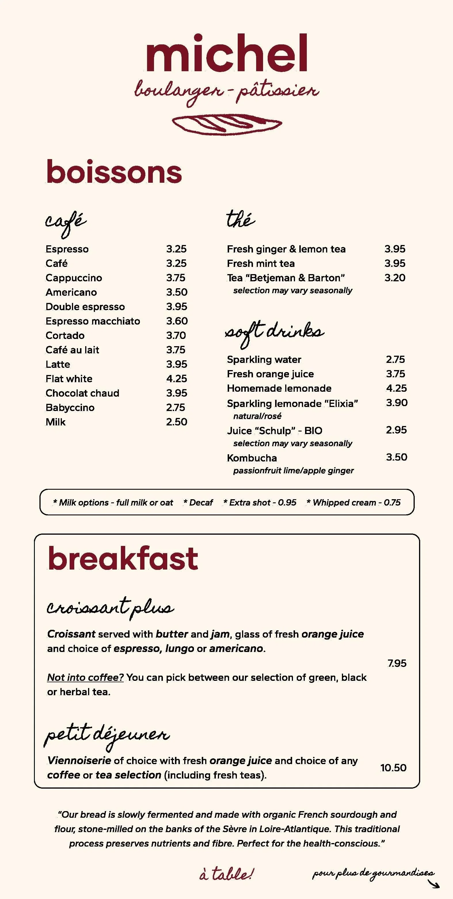 Menu from Michel bakery and pastry shop featuring coffee drinks, teas, soft drinks, breakfast options including croissant plus and petit déjeuner, with descriptions and prices listed.