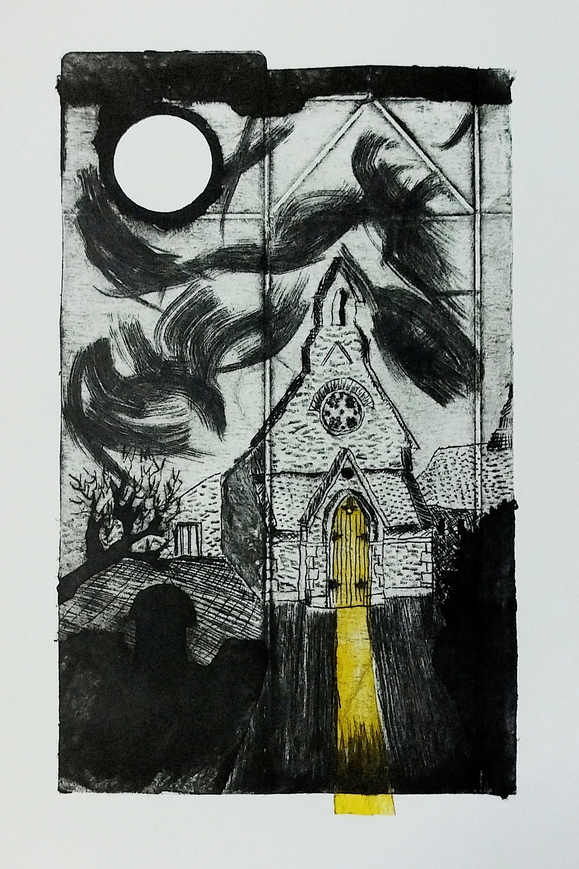 A black and white drawing of a church with a yellow door, a clock above the entrance, and a yellow path leading to the door. The church is surrounded by trees and has a steeple. The sky is dark with swirling clouds and a large white moon.
