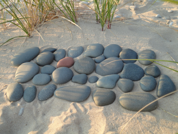 Smooth, rounded stones of various sizes and colors on sandy beach with grass in background.