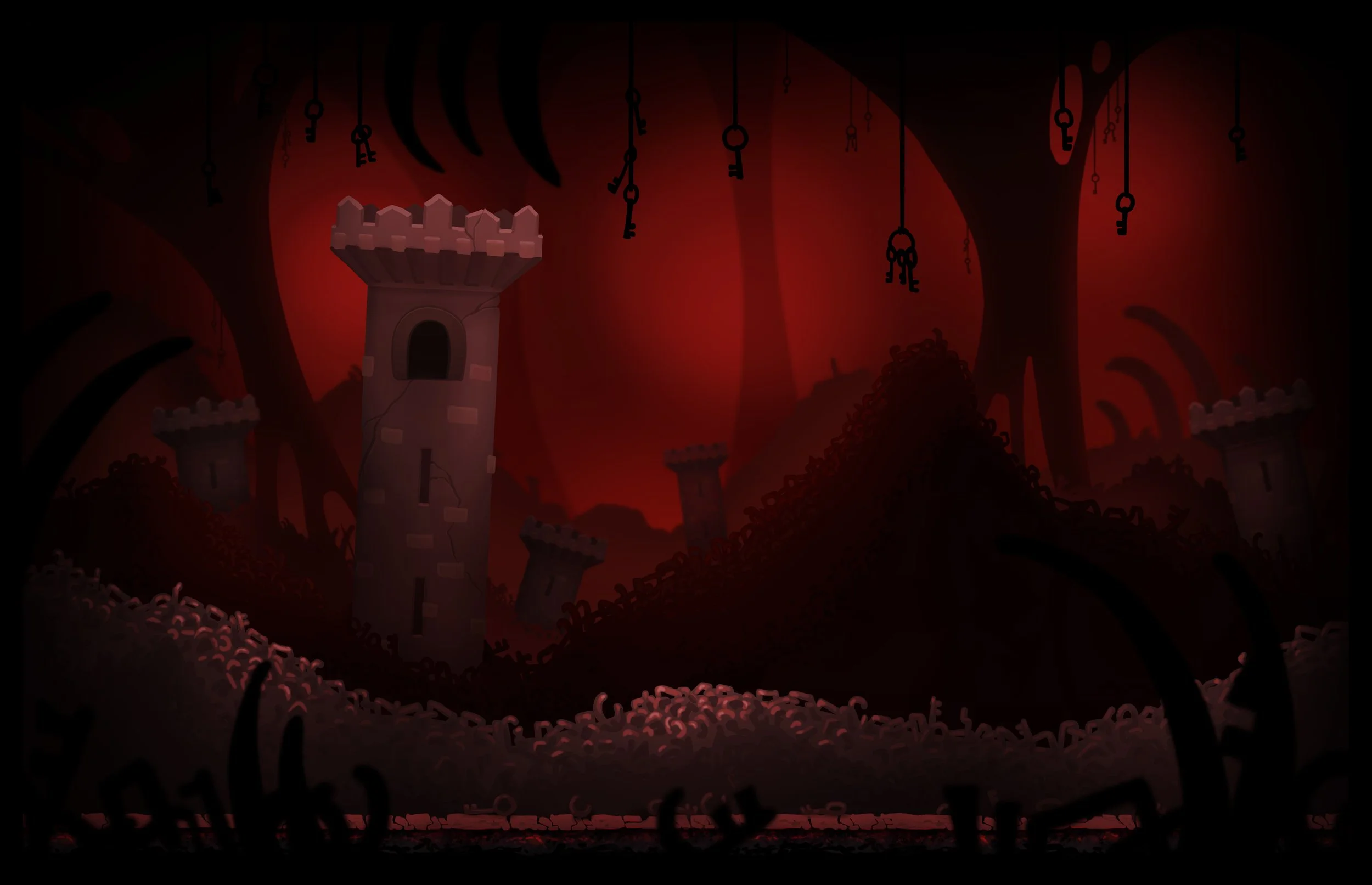 paisaje oscuro con torres de piedra en un entorno infernal, con cadenas, llaves y chorros de lava en un fondo rojo.