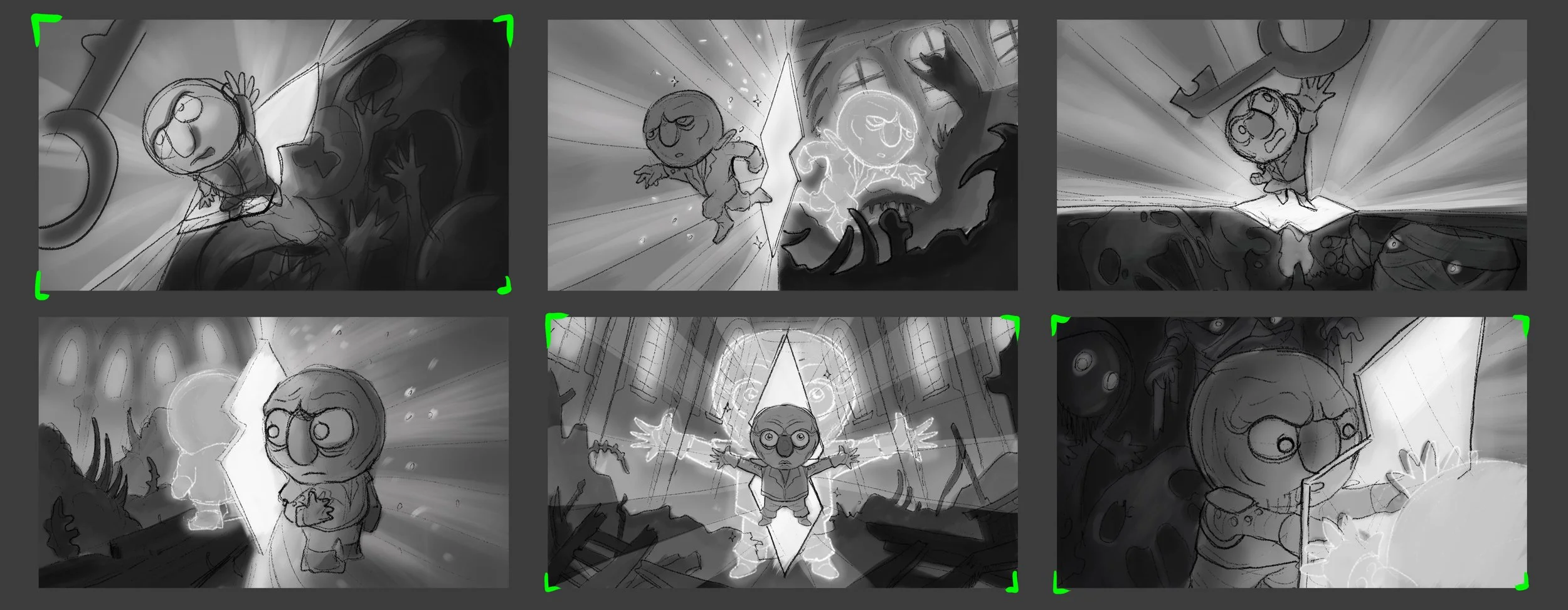 Black-and-white animation of a character facing creatures, with energy effects and a building background in different scenes.