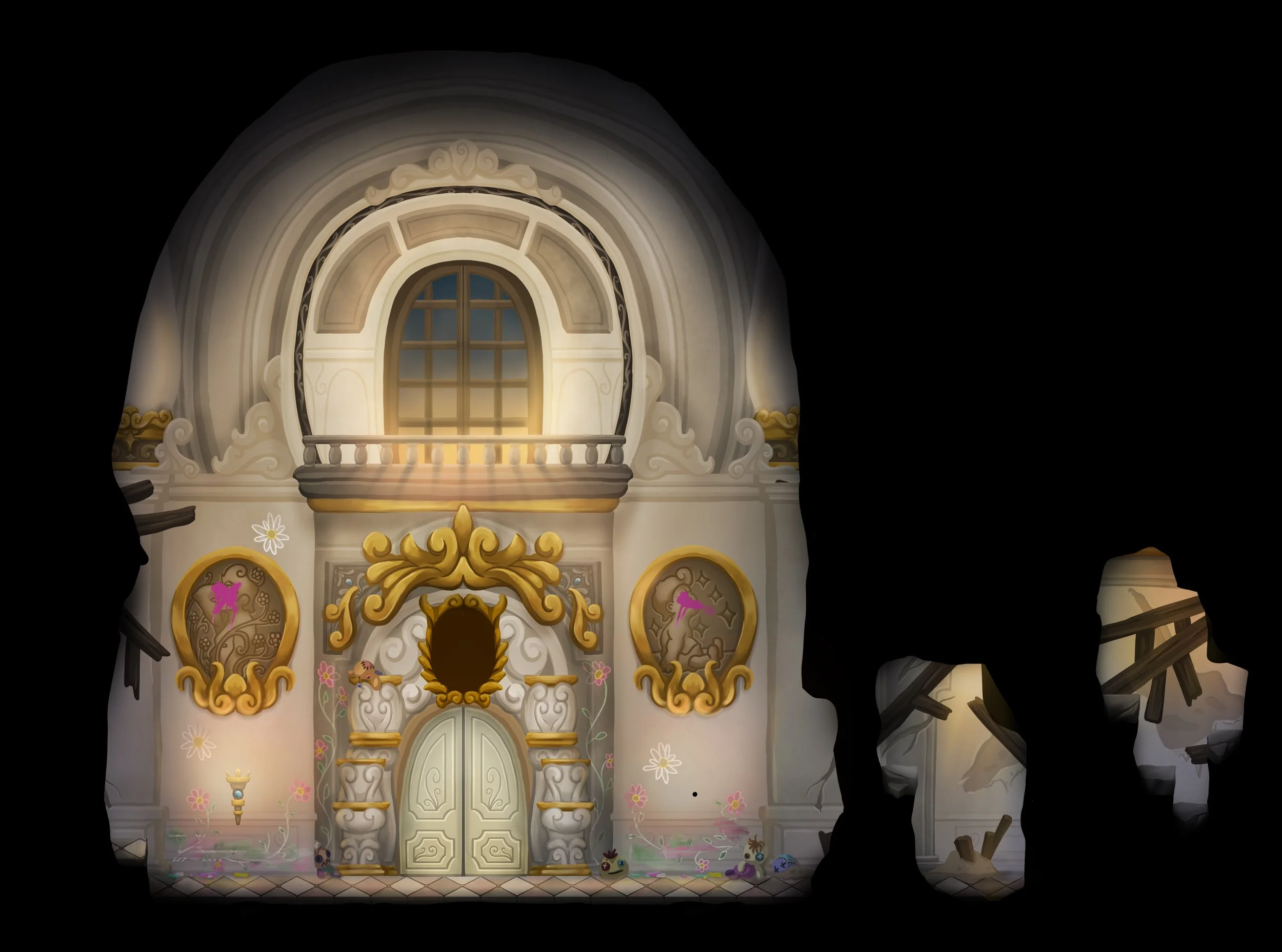 Escenario decorativo de un castillo con detalles dorados y ventanas grandes, en estado de destrucción con paredes dañadas y madera rota.