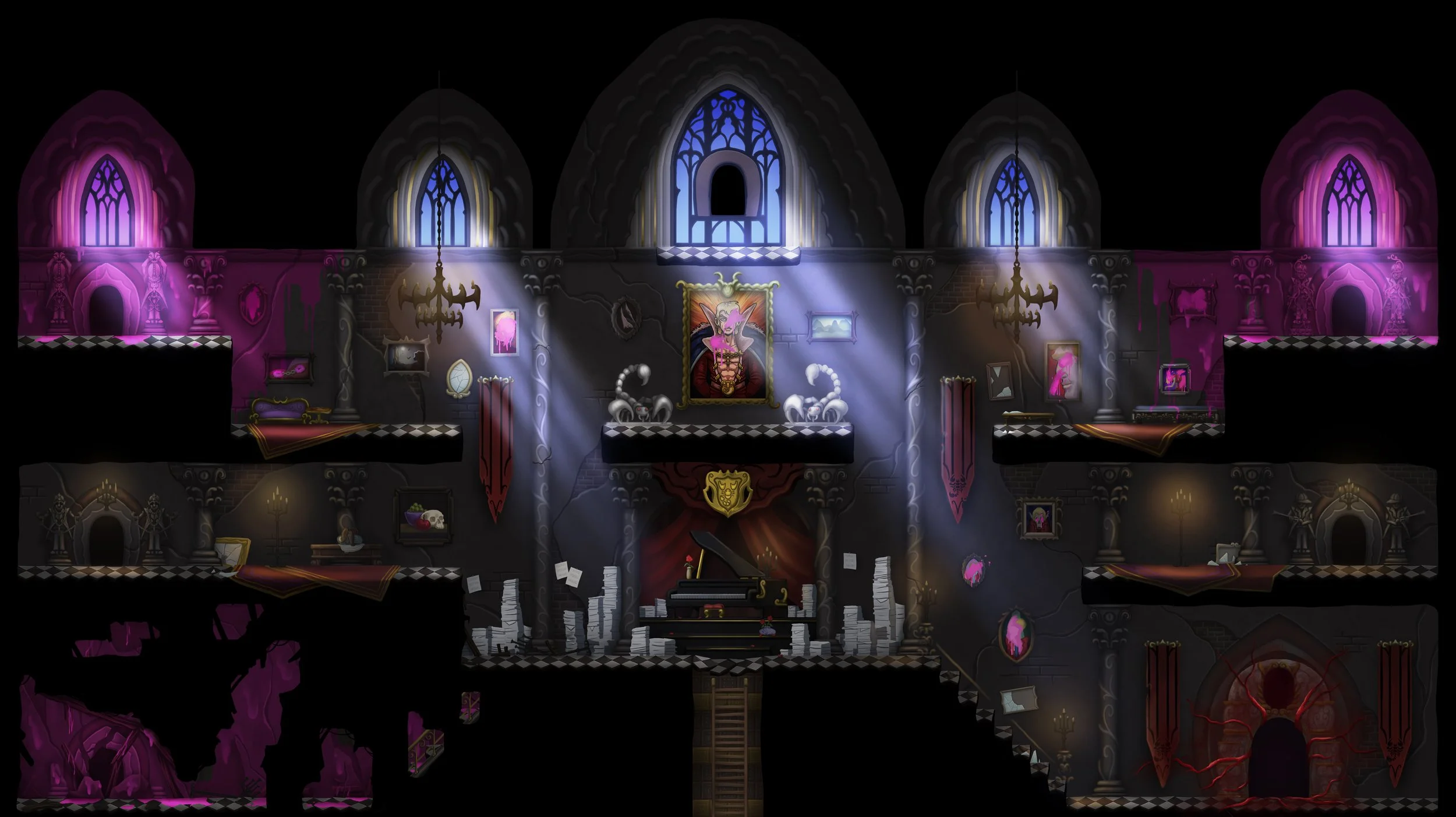 Interior de una mansión con varias habitaciones y pasillos en la oscuridad, decorada con cuadros, candelabros y cortinas rojas, con un piano y pilas de papeles en el escenario principal.