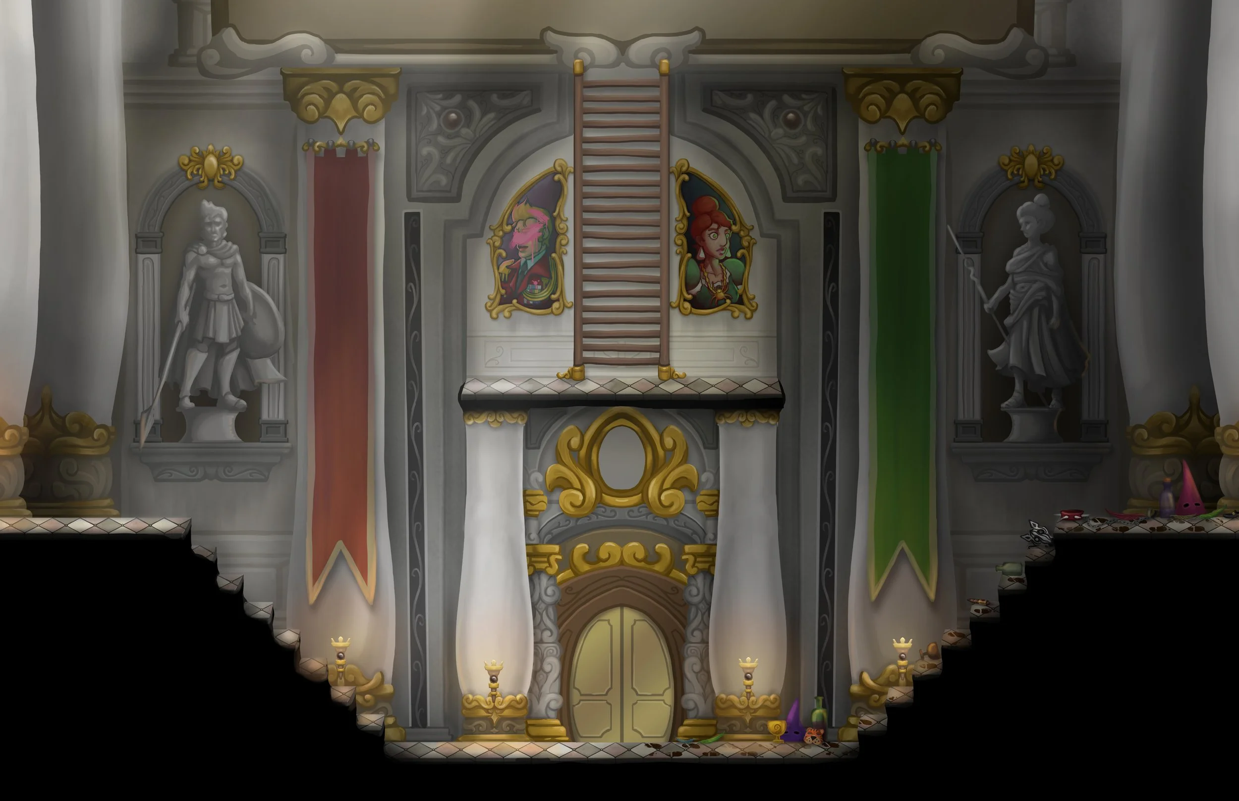 Royal library with columns, sculptures, paintings of characters and banners on the walls, golden doors, staircases, and scattered objects on the floor.