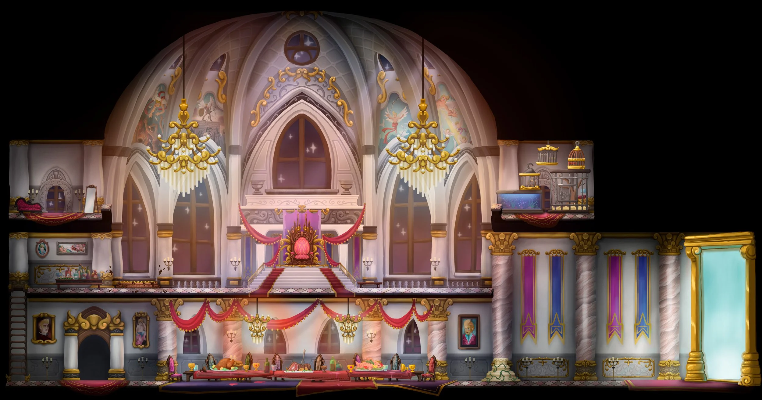 Salón principal de un castillo elegante con decoración rococó, con vitrales, candelabros dorados y un trono en el centro en un escenario de fiesta con comida.