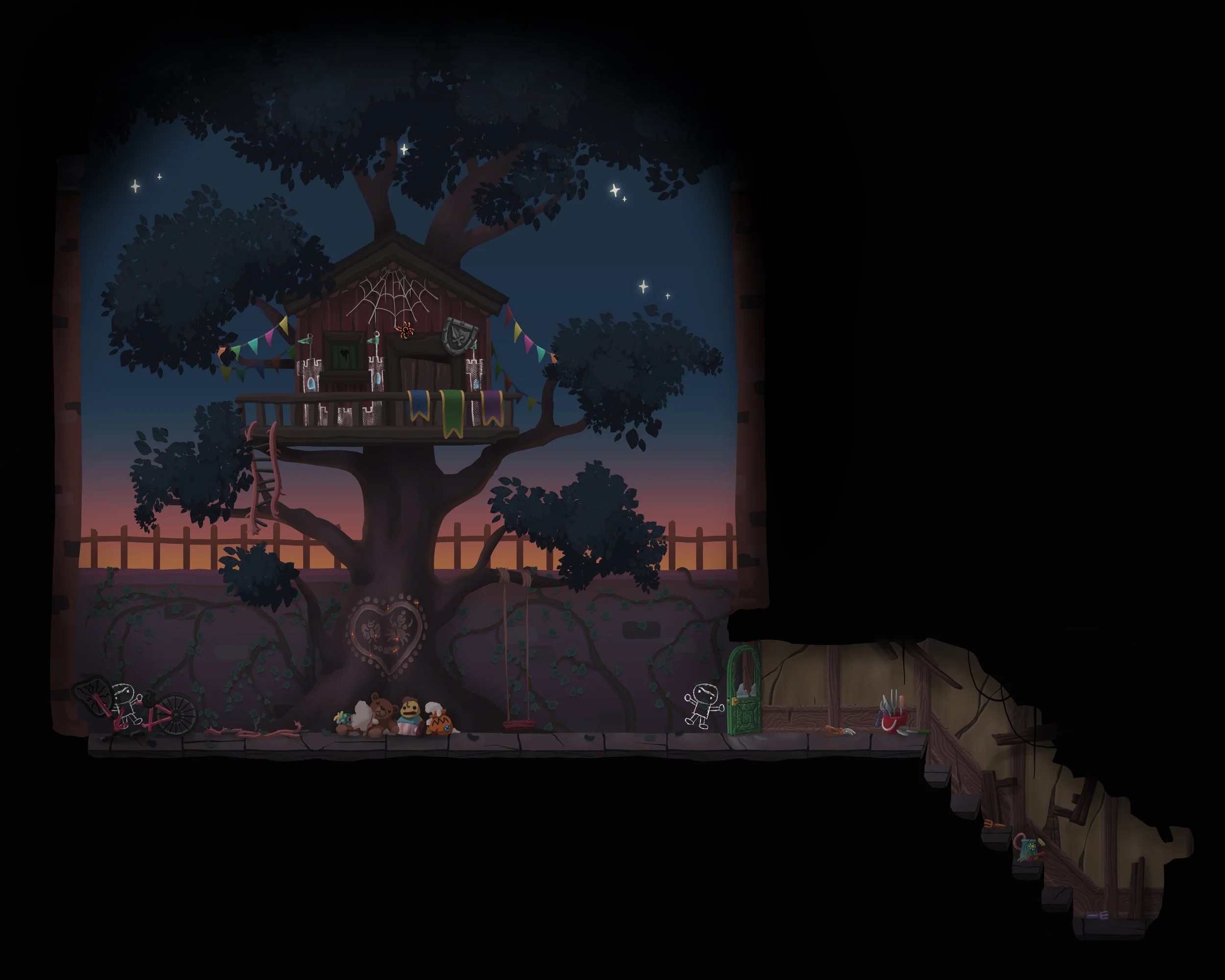 Un árbol grande con una casa en las ramas, decorada con banderines y accesorios, en un entorno al atardecer, con juguetes y objetos dispersos en el suelo, y una estructura de escaleras a la derecha.