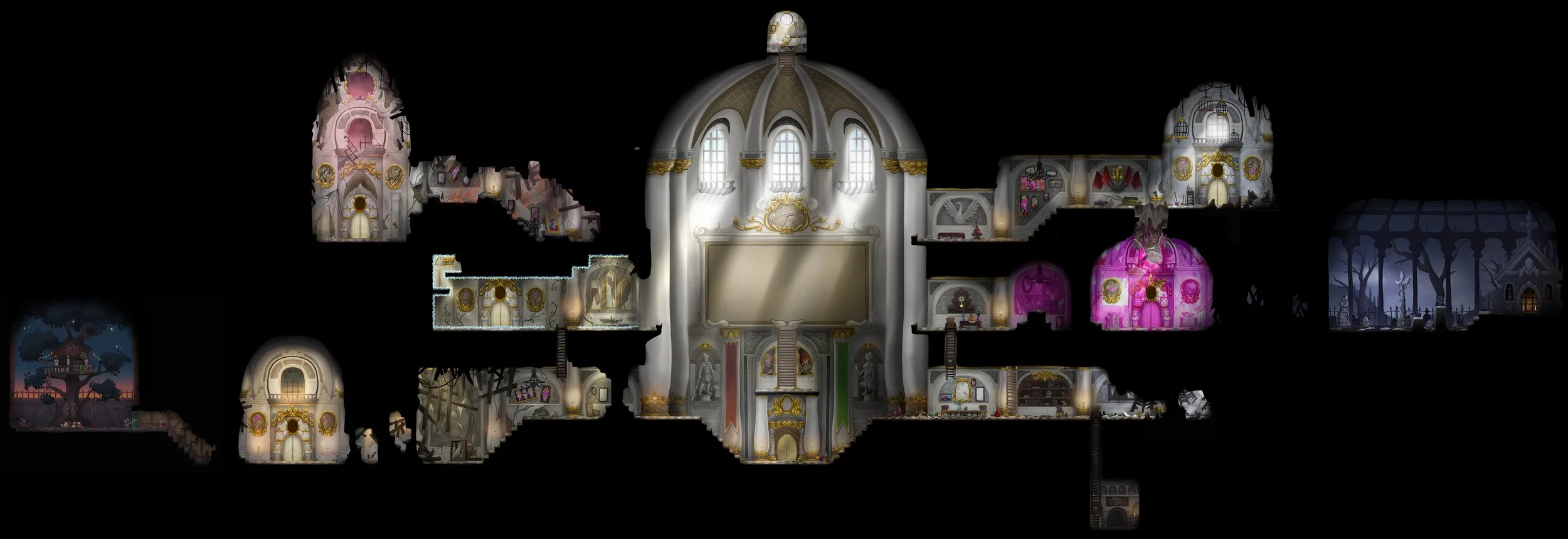 Corte transversal de una casa de caricatura con varias habitaciones decoradas de forma opulenta y un bosque fantasmal en el exterior.