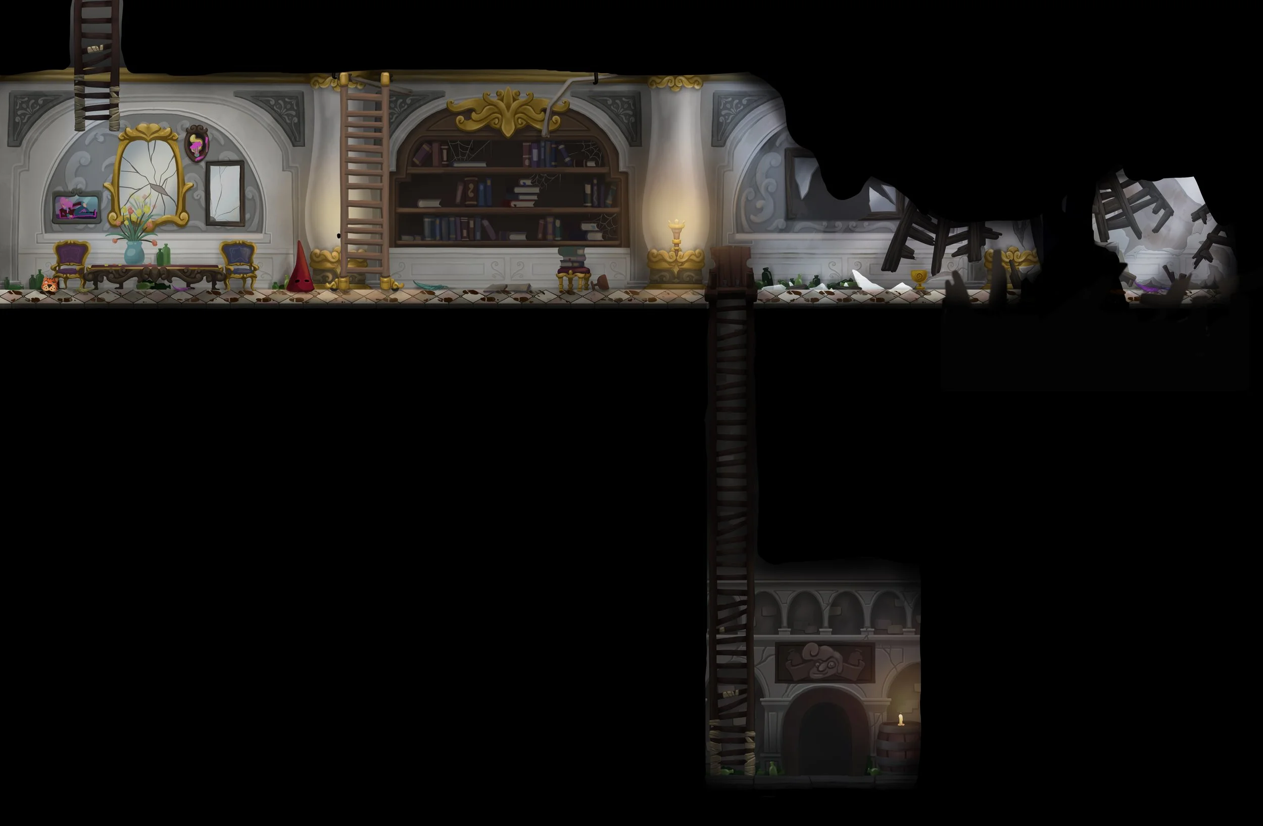Classic-style decorated room with elegant furniture, mirrors, small staircases, bookshelves, and a lamp on a wall. Part of the background is in ruins with broken beams and debris.