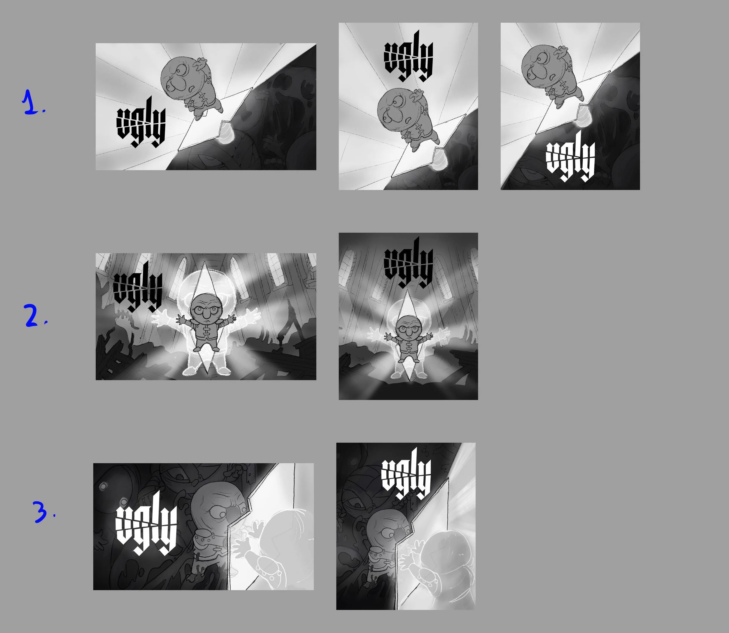 Series of panels in shades of gray with cartoonish characters in various dramatic and action scenes, with text in large, dark letters.
