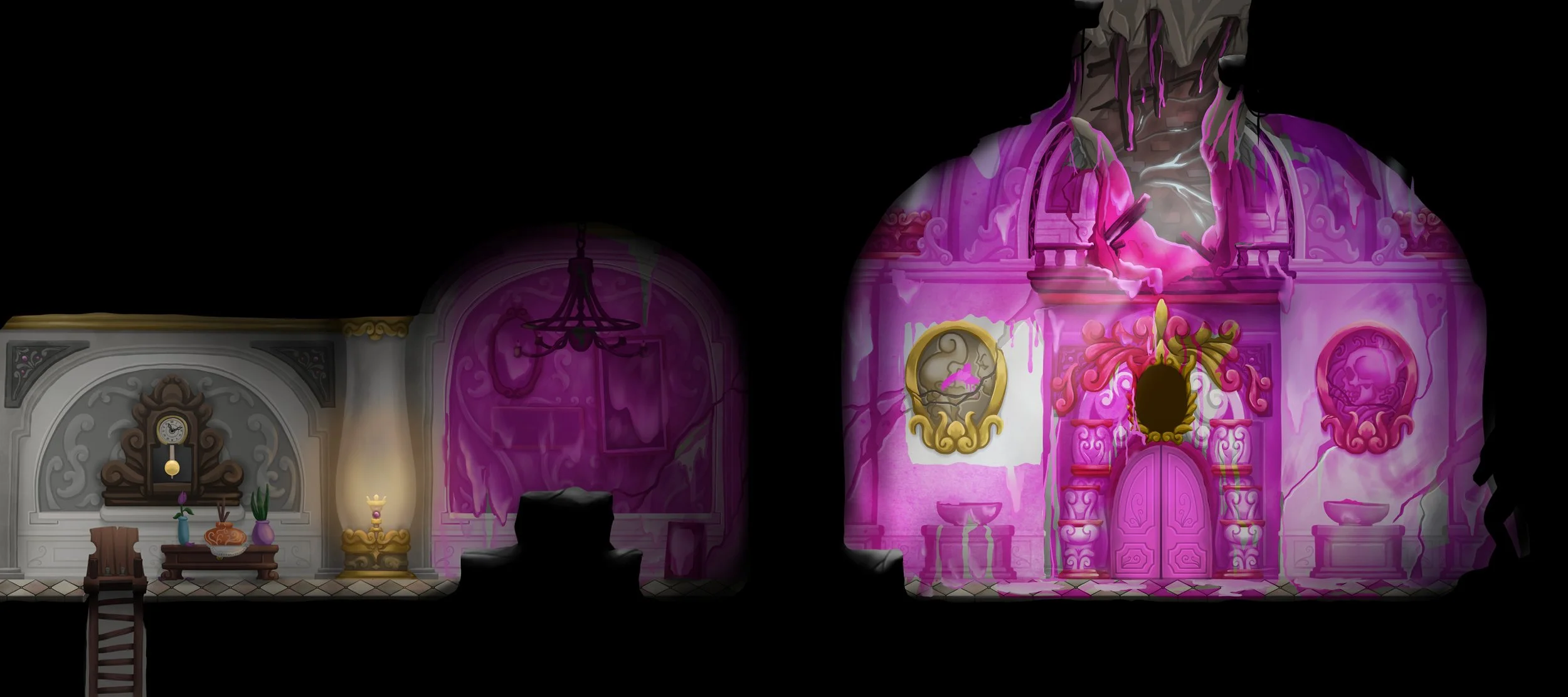 An illustration of a stage divided into two parts: the left shows a room with classic decoration in gray and brown tones, with a clock and centerpieces with flowers. The right features a pink background with ornamental details and a central door, wit