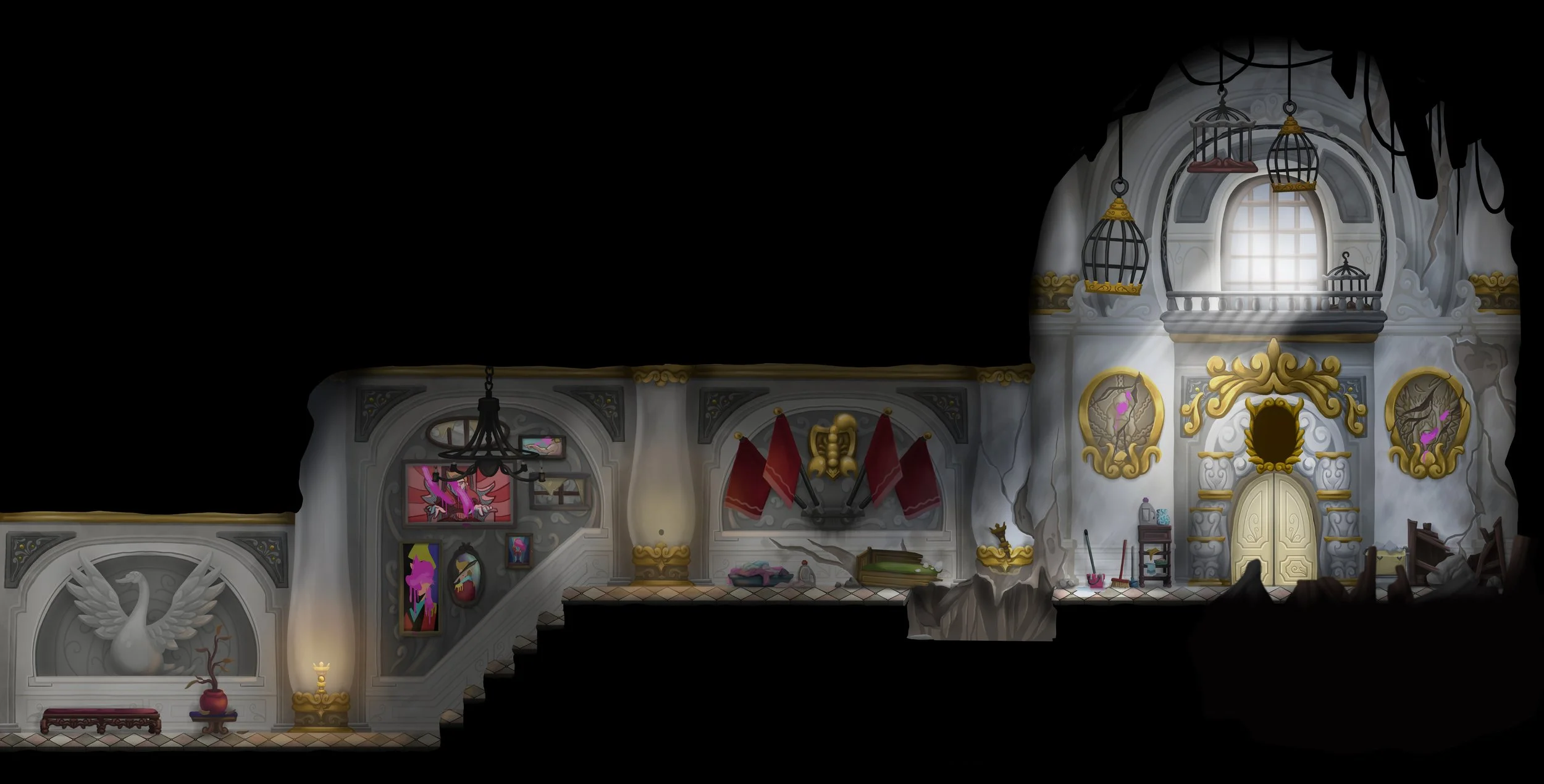 Interior of a white cave with Baroque-style decoration, large windows, and chandeliers. One area has paintings on the walls, red flags hanging, and a statue of a swan with open wings. The scene shows a mix of elegance and disorder.