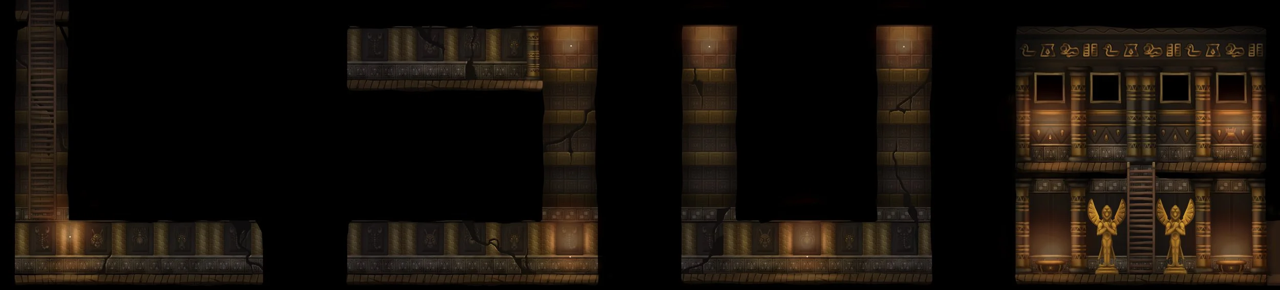 Pantalla de videojuego estilo antigua con obstáculos y figuras doradas de ángeles en la parte inferior derecha.