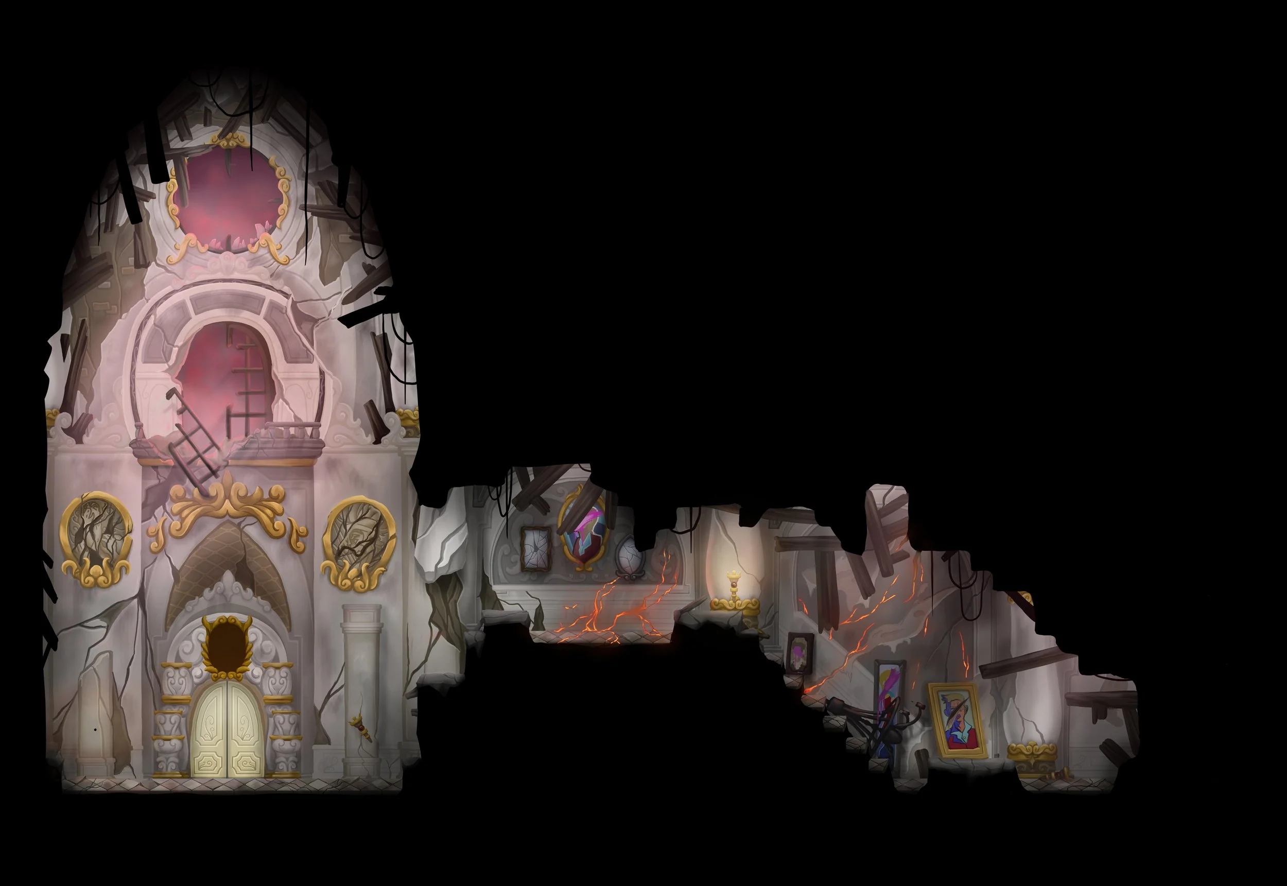 Interior de una mansión en ruinas con paredes dañadas, cuadros caídos y elementos en caos, con iluminación tenue y un ambiente desolado.