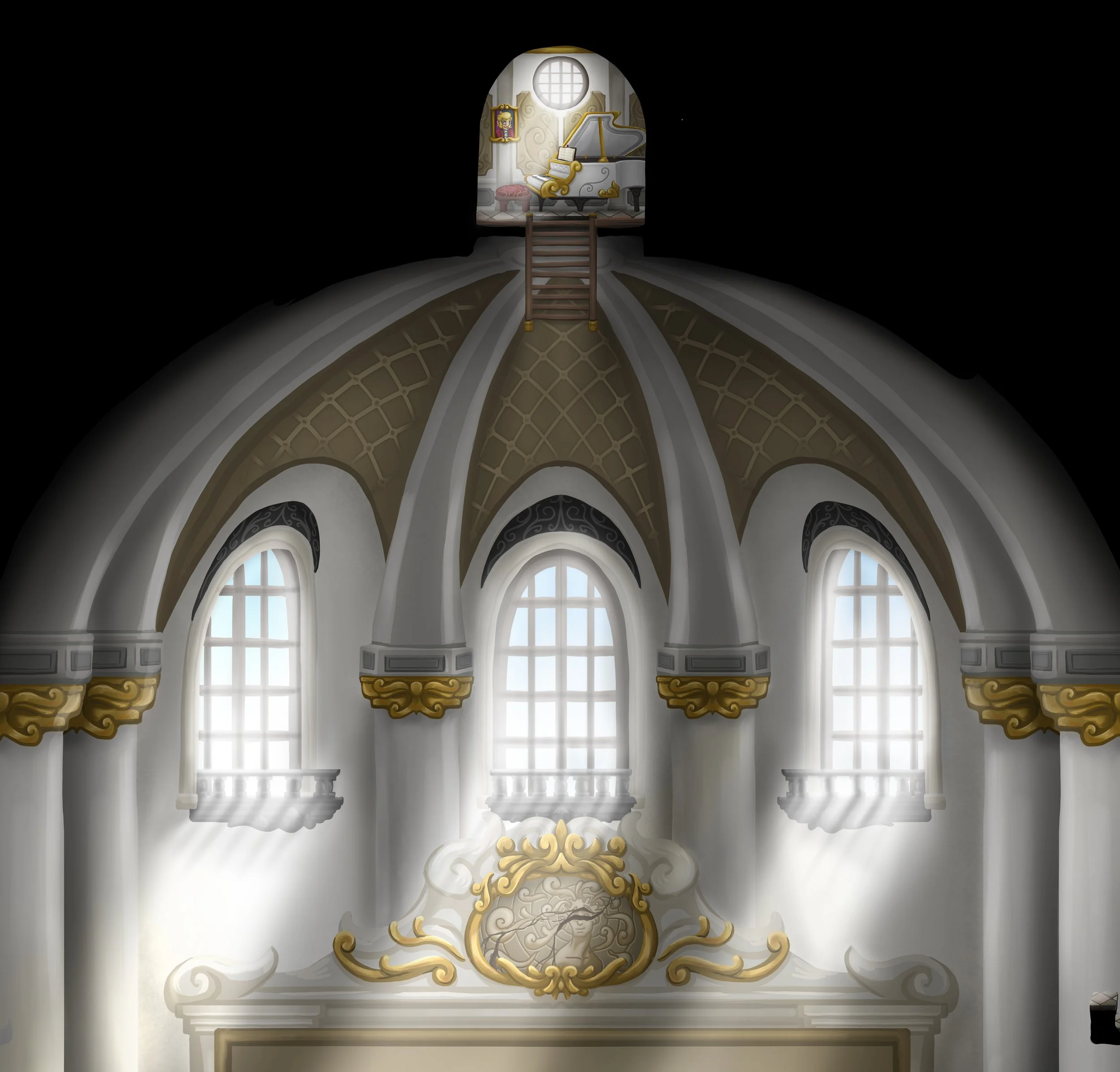 Interior of a theater or palace with tall windows and gold decorations, viewed from below with lighting that highlights architectural details and a piano on an upper level.