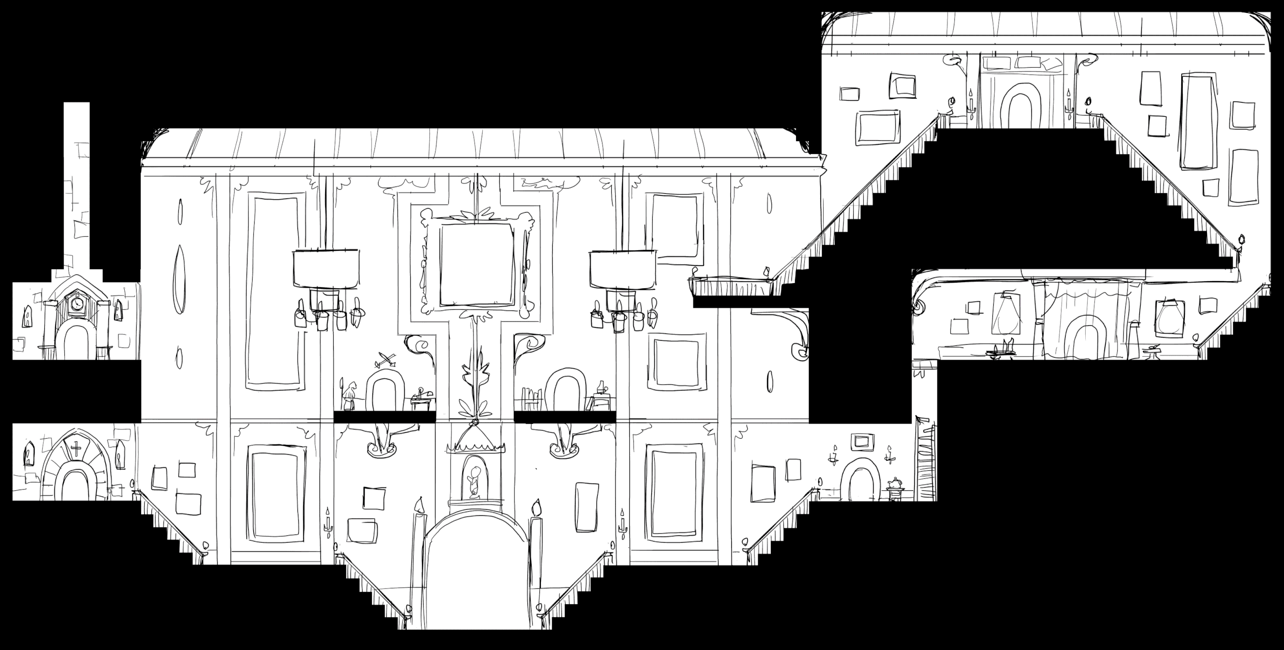 Plano de un castillo con múltiples niveles y decoraciones variadas, incluyendo escaleras, puertas, cuadros en las paredes y muebles en las habitaciones.