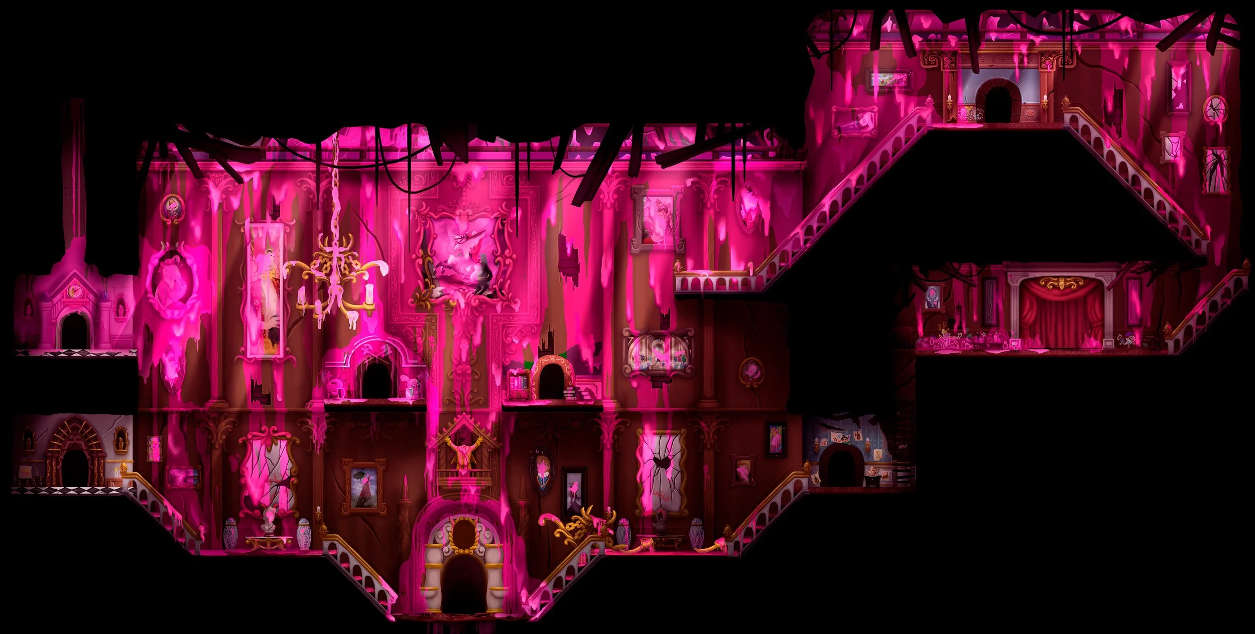 Castillo surreal en tonos rosa y rojo, con múltiples niveles y ventanas, decorado con pinturas, cuadros y objetos ornamentales en estilo barroco