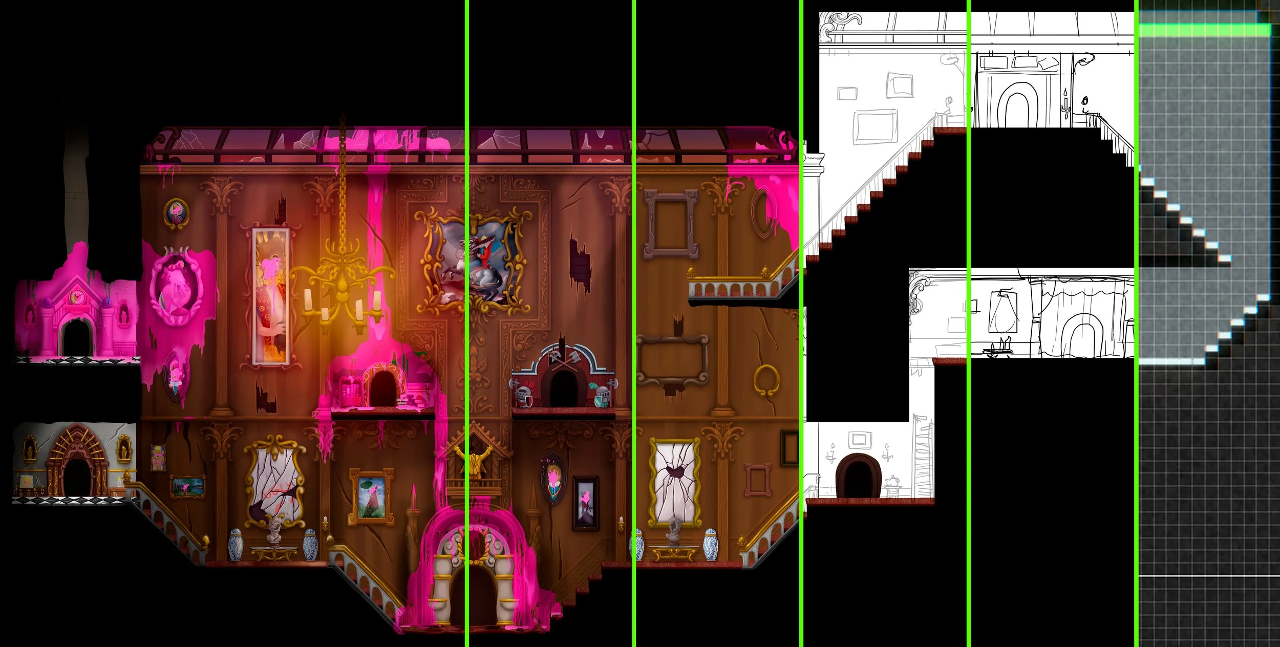 Plano de niveles de una casa con diferentes habitaciones, con algunas secciones en color negro y líneas verdes que dividen las áreas, y partes en línea de dibujo y detalles en color ¿La estructura del edificio y decoraciones interiores.