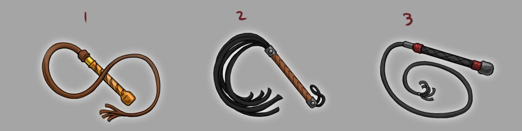 Three types of whips: one made of leather, one with multiple lashes, and one made of plastic with a thick handle.