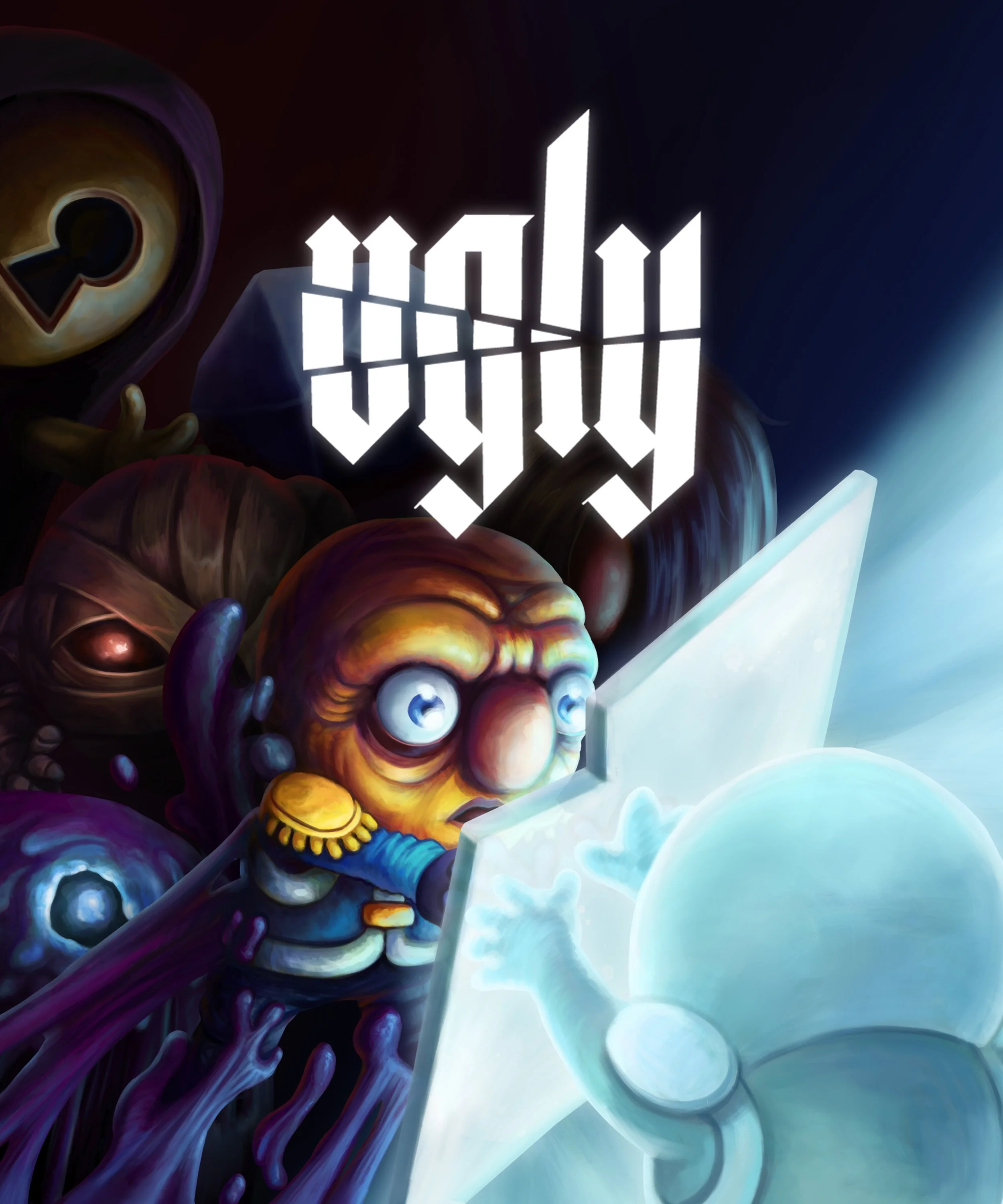 Ilustración digital colorida de un personaje pequeño con cara de sorpresa, vistiendo uniforme militar y tocando una pantalla de luz azul, rodeado de criaturas de ojos grandes, con una figura oscura y una llave gigante en forma de estrella