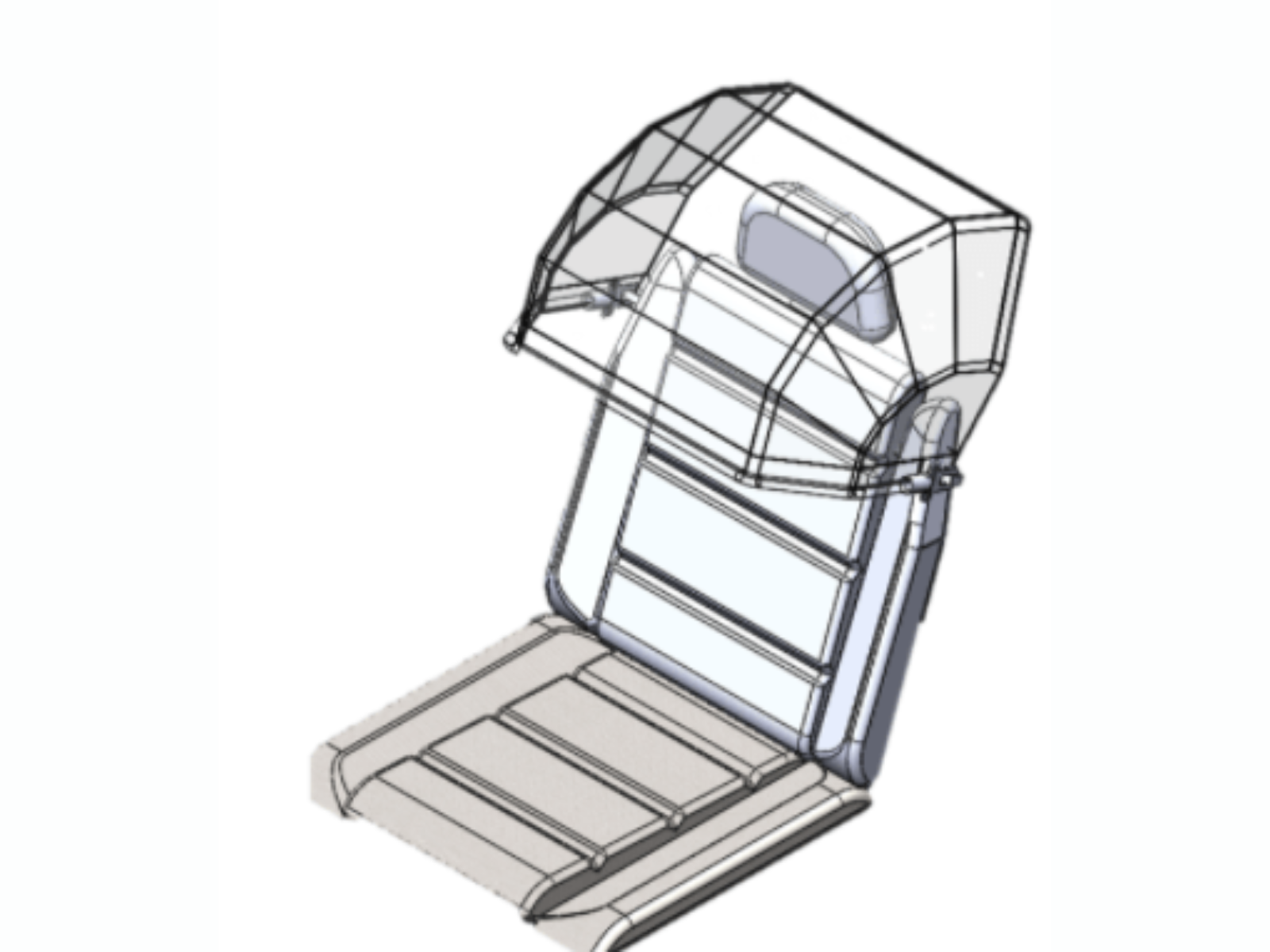 Technical illustration of a partially transparent digital model of an airplane cockpit seat with a headrest, backrest, and seat base.