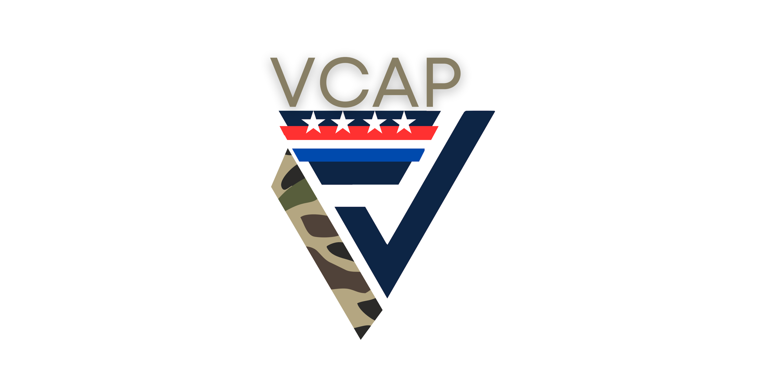 A stylized emblem featuring the acronym "VCAP" above a check mark, with patriotic elements and a camouflage pattern on the left side.