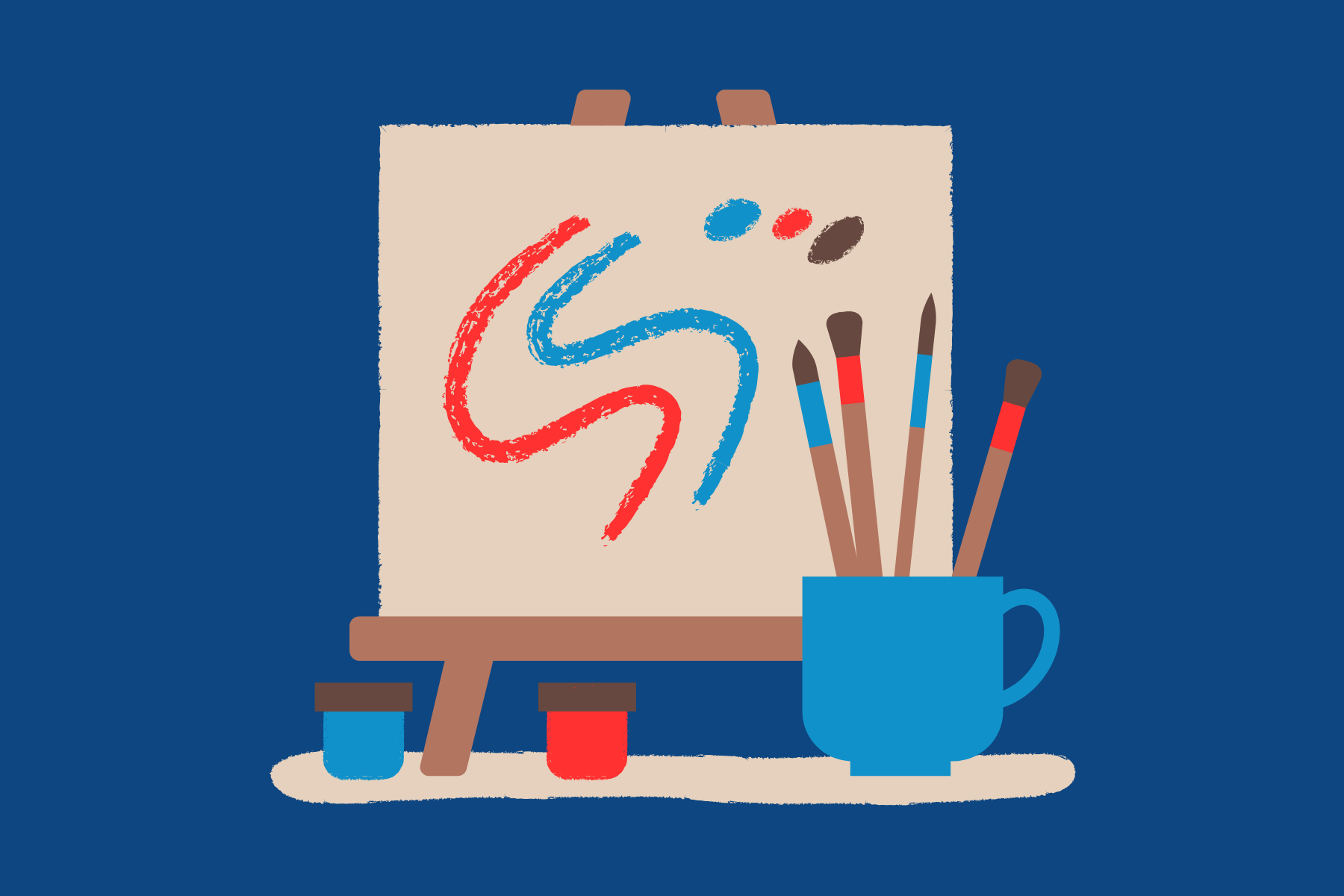 An easel with a canvas displaying abstract red and blue brushstrokes, with three paintbrushes in a blue container and two small jars of paint on a white surface against a dark blue background.